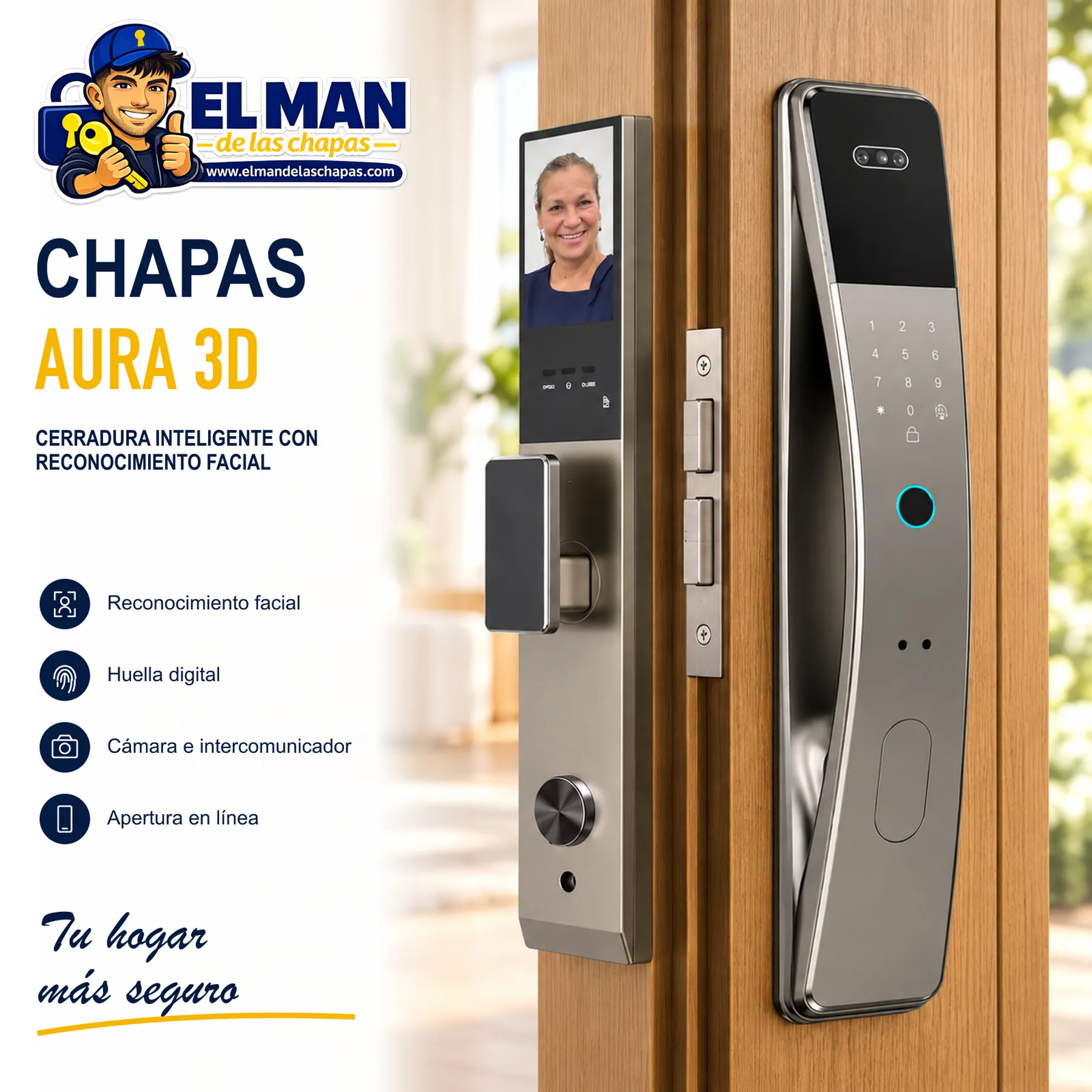 Chapas Aura 3D: cerradura gris con reconocimiento facial, imagen principal El Man de las Chapas.