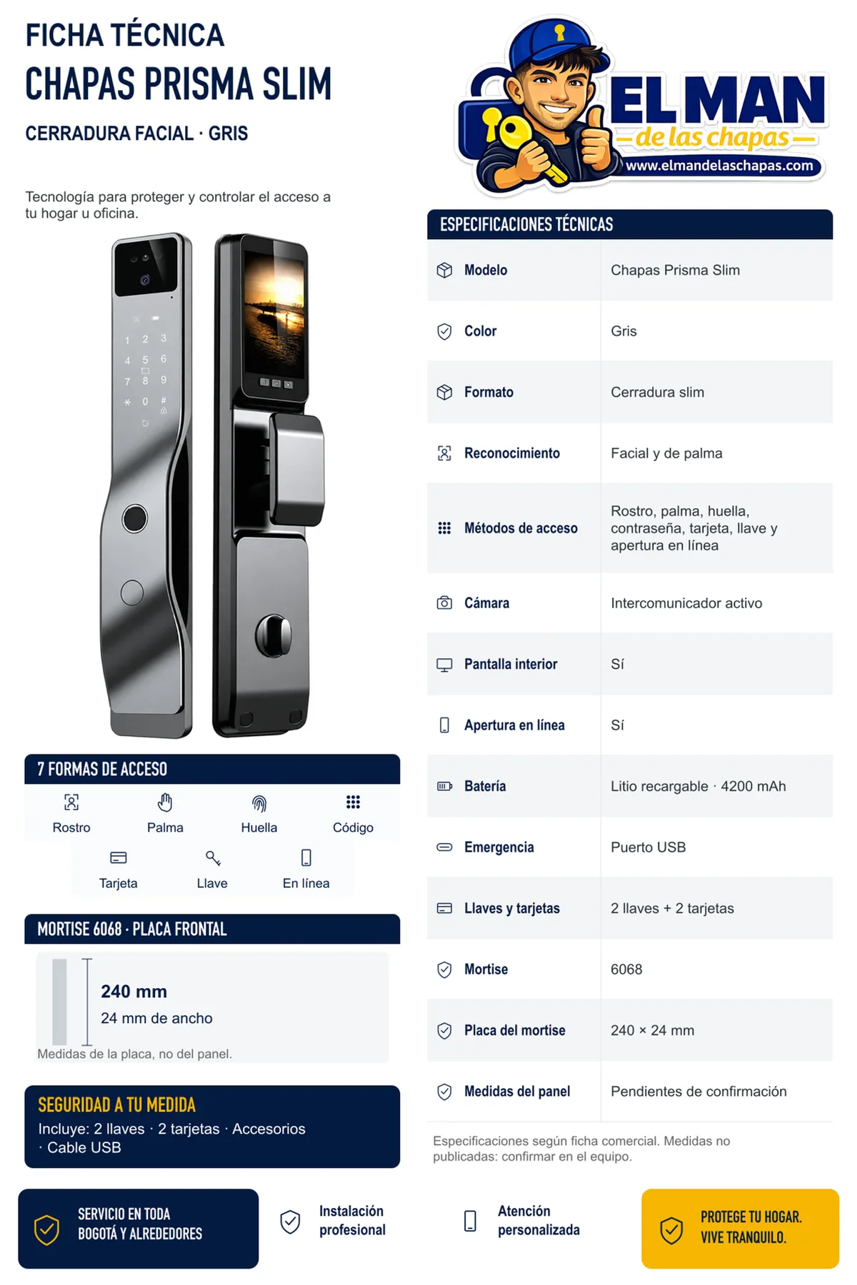 Chapas Prisma Slim Gris — Cerradura facial inteligente