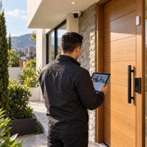 Especialista revisa cerradura inteligente, cámara CCTV y sensor de puerta durante una visita de seguridad en el hogar